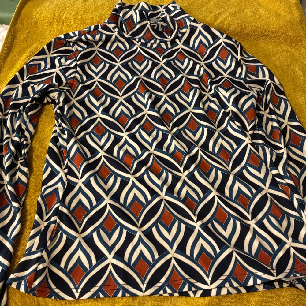Jules & Leopold Navy, White & Rust Geometric Turtleneck Top